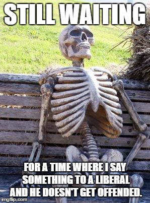 Me: "Goodbye. Have a nice day."
Liberal: "YOU RACIST!!!" | STILL WAITING; FOR A TIME WHERE I SAY SOMETHING TO A LIBERAL AND HE DOESN'T GET OFFENDED. | image tagged in memes,waiting skeleton,funny,liberals,liberal logic | made w/ Imgflip meme maker