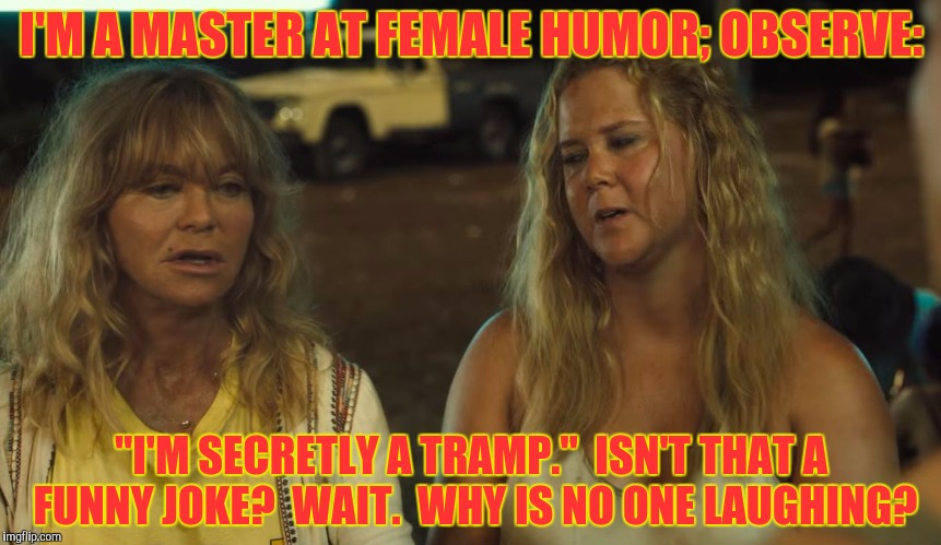 I'M A MASTER AT FEMALE HUMOR; OBSERVE: "I'M SECRETLY A TRAMP."  ISN'T THAT A FUNNY JOKE?  WAIT.  WHY IS NO ONE LAUGHING? | made w/ Imgflip meme maker