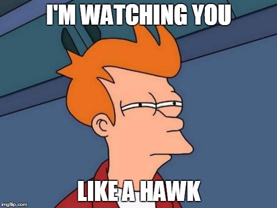 Futurama Fry | I'M WATCHING YOU; LIKE A HAWK | image tagged in memes,futurama fry | made w/ Imgflip meme maker