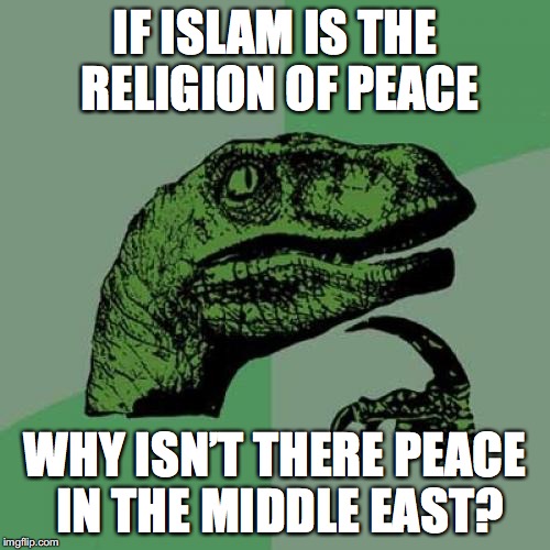 Philosoraptor | IF ISLAM IS THE RELIGION OF PEACE; WHY ISN’T THERE PEACE IN THE MIDDLE EAST? | image tagged in memes,philosoraptor,radical islam | made w/ Imgflip meme maker