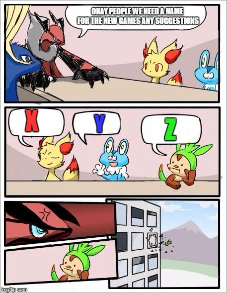 Pokemon board meeting | OKAY PEOPLE WE NEED A NAME FOR THE NEW GAMES ANY SUGGESTIONS; X; Y; Z | image tagged in pokemon board meeting | made w/ Imgflip meme maker