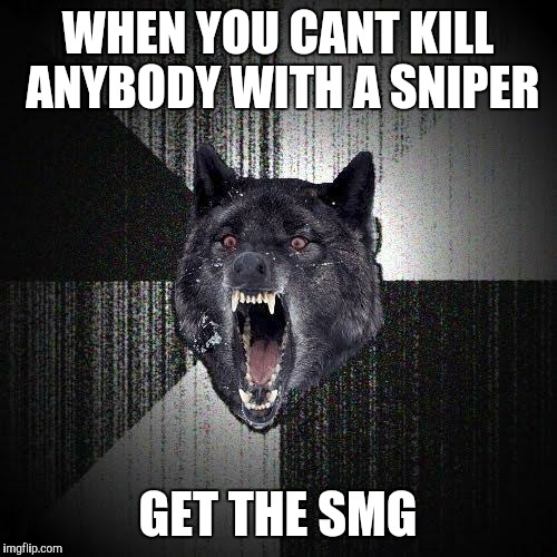 Insanity Wolf Meme | WHEN YOU CANT KILL ANYBODY WITH A SNIPER; GET THE SMG | image tagged in memes,insanity wolf | made w/ Imgflip meme maker