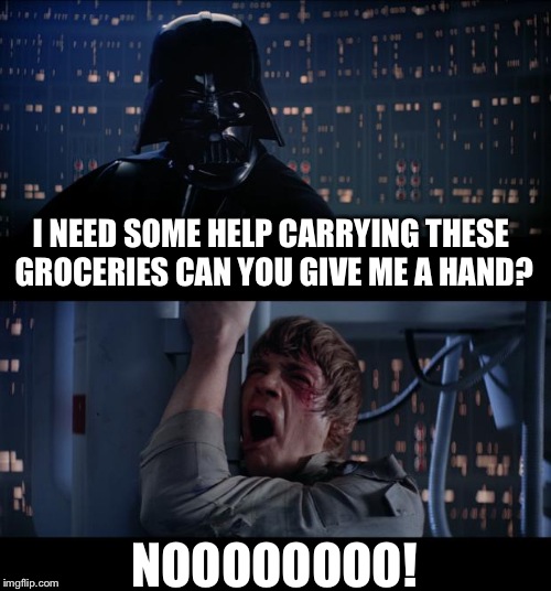 Star Wars No Meme | I NEED SOME HELP CARRYING THESE GROCERIES CAN YOU GIVE ME A HAND? NOOOOOOOO! | image tagged in memes,star wars no | made w/ Imgflip meme maker