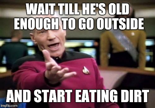 Picard Wtf Meme | WAIT TILL HE'S OLD ENOUGH TO GO OUTSIDE AND START EATING DIRT | image tagged in memes,picard wtf | made w/ Imgflip meme maker