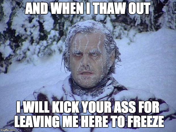 Jack Nicholson The Shining Snow Meme | AND WHEN I THAW OUT; I WILL KICK YOUR ASS FOR LEAVING ME HERE TO FREEZE | image tagged in memes,jack nicholson the shining snow | made w/ Imgflip meme maker