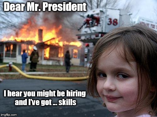 Disaster Girl Meme | Dear Mr. President; I hear you might be hiring and I've got ... skills | image tagged in memes,disaster girl | made w/ Imgflip meme maker