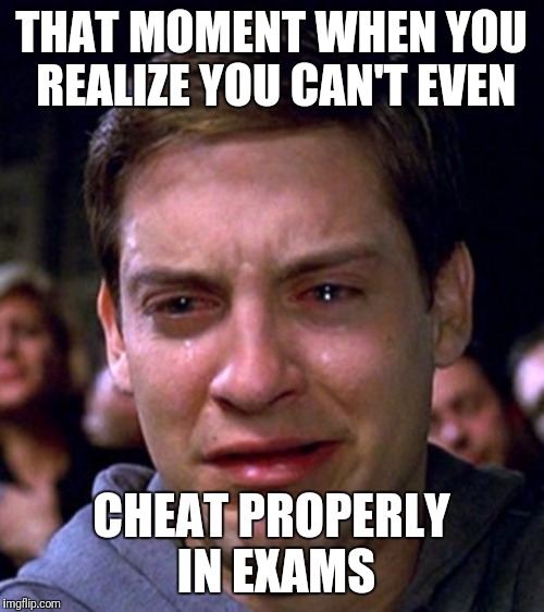 crying peter parker | THAT MOMENT WHEN YOU REALIZE YOU CAN'T EVEN; CHEAT PROPERLY IN EXAMS | image tagged in crying peter parker | made w/ Imgflip meme maker