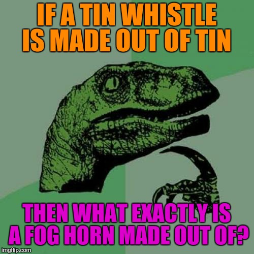 Philosoraptor | IF A TIN WHISTLE IS MADE OUT OF TIN; THEN WHAT EXACTLY IS A FOG HORN MADE OUT OF? | image tagged in memes,philosoraptor | made w/ Imgflip meme maker