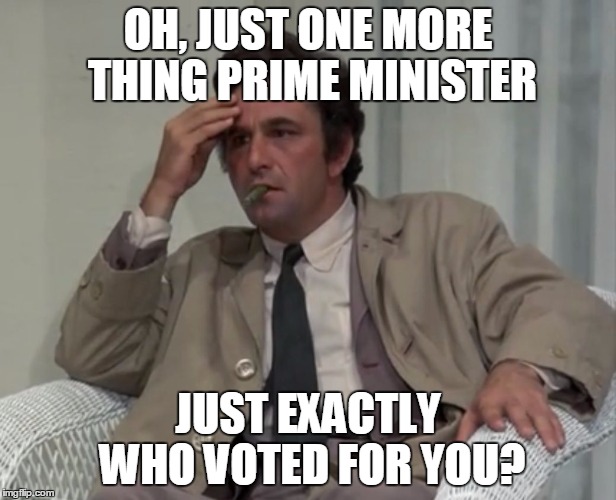 Columbo | OH, JUST ONE MORE THING PRIME MINISTER; JUST EXACTLY WHO VOTED FOR YOU? | image tagged in columbo | made w/ Imgflip meme maker