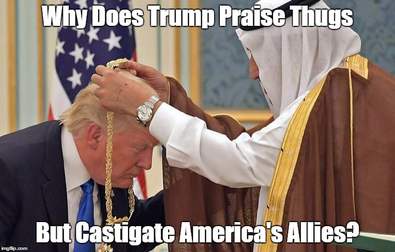 "Why Does Trump Praise Thugs But Castigate America's Allies" | Why Does Trump Praise Thugs But Castigate America's Allies? | image tagged in devious donald,despicable donald,dishonorable donald,deplorable donald,mafia don,at home with thugs | made w/ Imgflip meme maker
