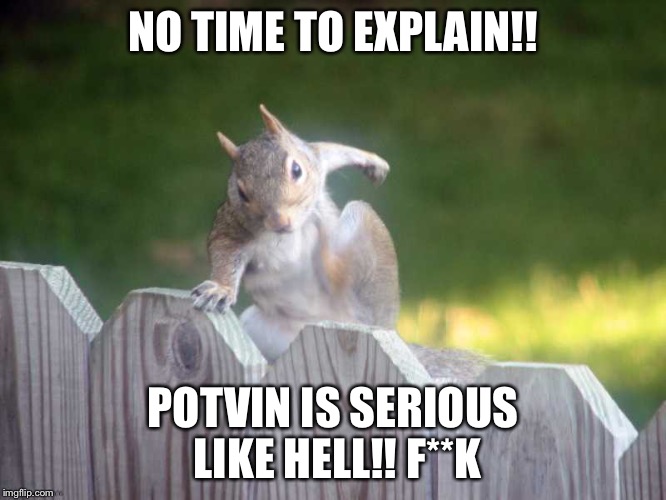 Squirrel moving out | NO TIME TO EXPLAIN!! POTVIN IS SERIOUS LIKE HELL!! F**K | image tagged in squirrel moving out | made w/ Imgflip meme maker