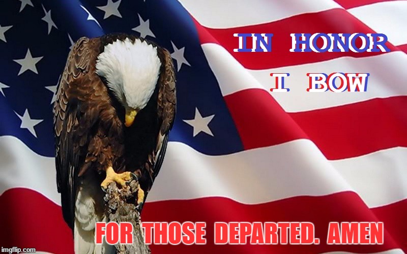 I Bow | FOR  THOSE  DEPARTED.  AMEN | image tagged in patriotic eagle | made w/ Imgflip meme maker
