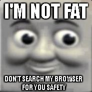 Thomas train | I'M NOT FAT; DON'T SEARCH MY BROWSER FOR YOU SAFETY | image tagged in thomas train | made w/ Imgflip meme maker