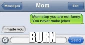 BURN | image tagged in memes,burn,texting,mom | made w/ Imgflip meme maker