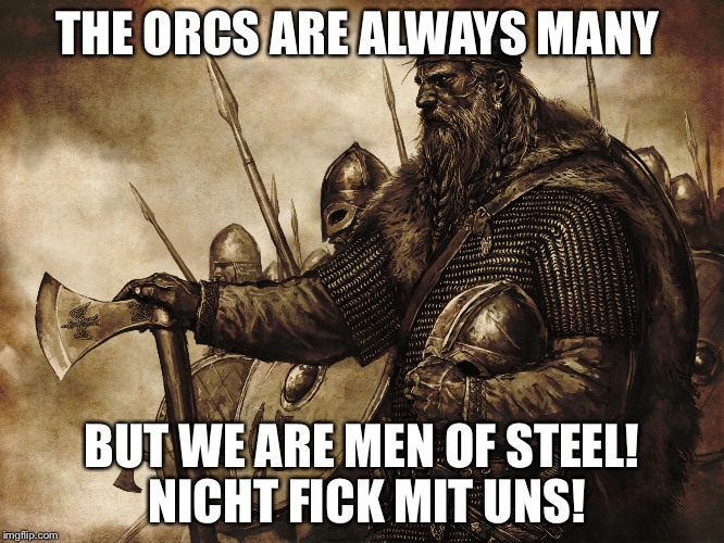 Men Of Steel | THE ORCS ARE ALWAYS MANY; BUT WE ARE MEN OF STEEL! NICHT FICK MIT UNS! | image tagged in vikings no police force necessary,steel,vikings,war,invasion,self defense | made w/ Imgflip meme maker
