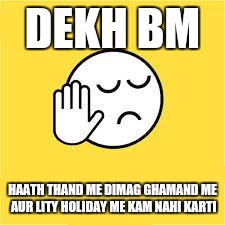 dekh bhai | DEKH BM; HAATH THAND ME DIMAG GHAMAND ME AUR LITY HOLIDAY ME KAM NAHI KARTI | image tagged in dekh bhai | made w/ Imgflip meme maker