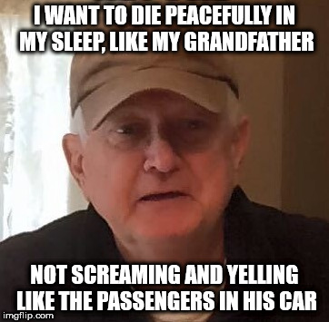 I WANT TO DIE PEACEFULLY IN MY SLEEP,
LIKE MY GRANDFATHER; NOT SCREAMING AND YELLING LIKE THE PASSENGERS IN HIS CAR | made w/ Imgflip meme maker