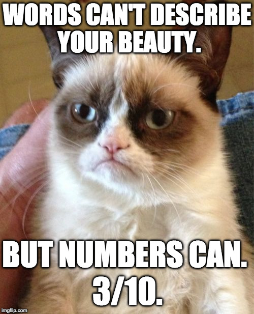 That's pretty good for Grumpy Cat. | WORDS CAN'T DESCRIBE YOUR BEAUTY. BUT NUMBERS CAN. 3/10. | image tagged in memes,grumpy cat,beauty,9 out of 10 moms recommend,bacon,iwanttobebacon | made w/ Imgflip meme maker