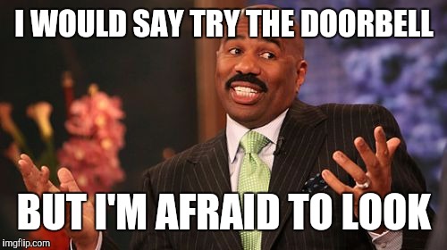 Steve Harvey Meme | I WOULD SAY TRY THE DOORBELL BUT I'M AFRAID TO LOOK | image tagged in memes,steve harvey | made w/ Imgflip meme maker