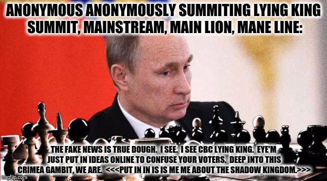 ANONYMOUS ANONYMOUSLY SUMMITING LYING KING SUMMIT, MAINSTREAM, MAIN LION, MANE LINE: THE FAKE NEWS IS TRUE DOUGH.  I SEE.  I SEE CBC LYING K | made w/ Imgflip meme maker