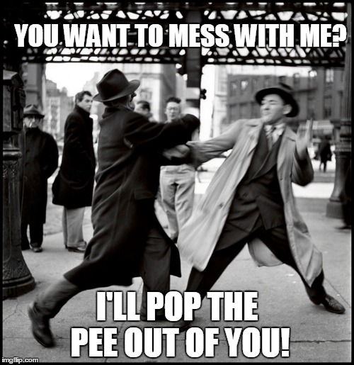 You Want to Mess With Me? | YOU WANT TO MESS WITH ME? I'LL POP THE PEE OUT OF YOU! | image tagged in slapfight - nyc 1950,slapfight | made w/ Imgflip meme maker