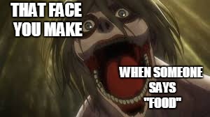 Annie likes food... | THAT FACE YOU MAKE; WHEN SOMEONE SAYS "FOOD" | image tagged in attack on titan,food,annie | made w/ Imgflip meme maker