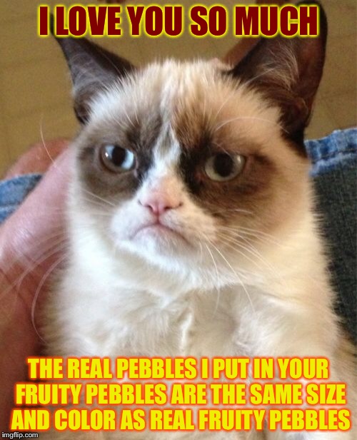 Grumpy Cat Meme | I LOVE YOU SO MUCH THE REAL PEBBLES I PUT IN YOUR FRUITY PEBBLES ARE THE SAME SIZE AND COLOR AS REAL FRUITY PEBBLES | image tagged in memes,grumpy cat | made w/ Imgflip meme maker