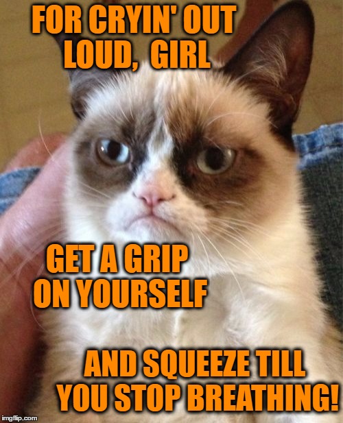 Grumpy Cat Meme | FOR CRYIN' OUT LOUD,  GIRL GET A GRIP ON YOURSELF AND SQUEEZE TILL YOU STOP BREATHING! | image tagged in memes,grumpy cat | made w/ Imgflip meme maker