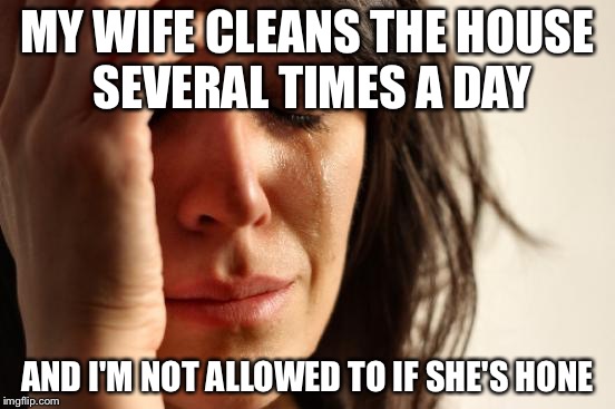 First World Problems Meme | MY WIFE CLEANS THE HOUSE SEVERAL TIMES A DAY AND I'M NOT ALLOWED TO IF SHE'S HONE | image tagged in memes,first world problems | made w/ Imgflip meme maker