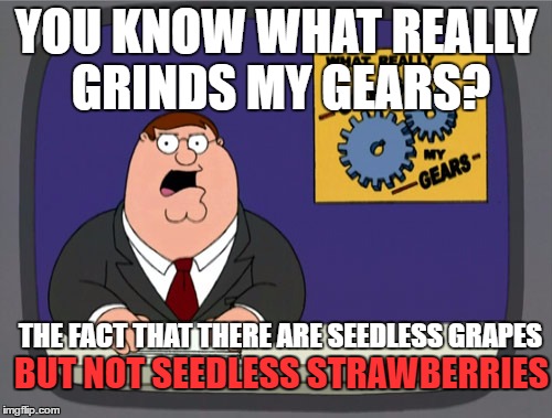 Peter Griffin News | YOU KNOW WHAT REALLY GRINDS MY GEARS? THE FACT THAT THERE ARE SEEDLESS GRAPES; BUT NOT SEEDLESS STRAWBERRIES | image tagged in memes,peter griffin news | made w/ Imgflip meme maker