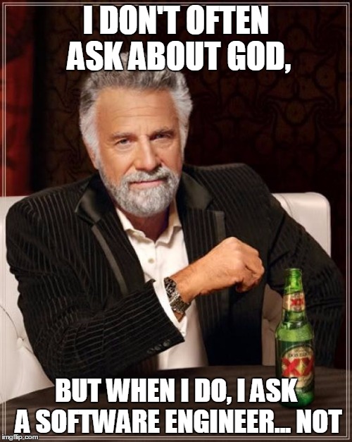 The Most Interesting Man In The World | I DON'T OFTEN ASK ABOUT GOD, BUT WHEN I DO, I ASK A SOFTWARE ENGINEER... NOT | image tagged in memes,the most interesting man in the world | made w/ Imgflip meme maker
