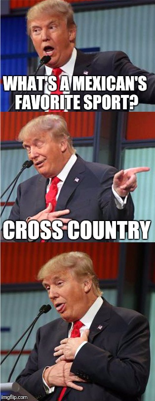 Saw this as a bad pun dog but found it to be funnier on the Bad Pun Trump templete. | WHAT'S A MEXICAN'S FAVORITE SPORT? CROSS COUNTRY | image tagged in bad pun trump,mexican,sports | made w/ Imgflip meme maker