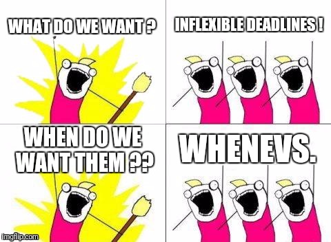 On time, under budget. | WHAT DO WE WANT ? INFLEXIBLE DEADLINES ! WHEN DO WE WANT THEM ?? WHENEVS. | image tagged in memes,what do we want | made w/ Imgflip meme maker