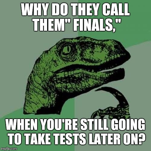 Philosoraptor | WHY DO THEY CALL THEM" FINALS,"; WHEN YOU'RE STILL GOING TO TAKE TESTS LATER ON? | image tagged in memes,philosoraptor | made w/ Imgflip meme maker