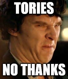 Disgusted sherlock | TORIES; NO THANKS | image tagged in disgusted sherlock | made w/ Imgflip meme maker