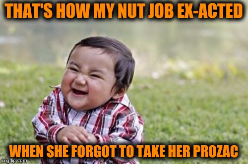 Evil Toddler Meme | THAT'S HOW MY NUT JOB EX-ACTED WHEN SHE FORGOT TO TAKE HER PROZAC | image tagged in memes,evil toddler | made w/ Imgflip meme maker