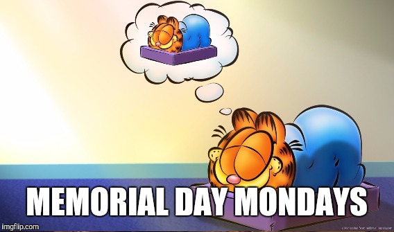 The only Mondays I like | MEMORIAL DAY MONDAYS | image tagged in garfield hates mondays | made w/ Imgflip meme maker