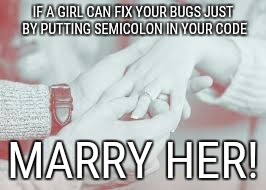 Girl Programmer | IF A GIRL CAN FIX YOUR BUGS JUST BY PUTTING SEMICOLON IN YOUR CODE; MARRY HER! | image tagged in programmers | made w/ Imgflip meme maker