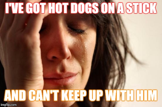 First World Problems Meme | I'VE GOT HOT DOGS ON A STICK AND CAN'T KEEP UP WITH HIM | image tagged in memes,first world problems | made w/ Imgflip meme maker