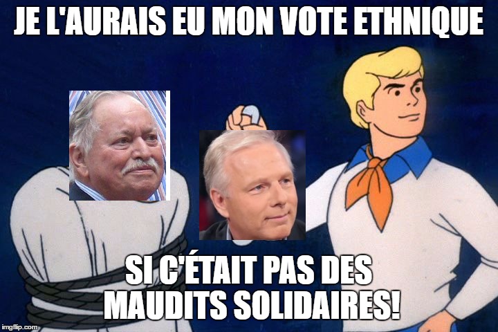 scooby doo meddling kids | JE L'AURAIS EU MON VOTE ETHNIQUE; SI C'ÉTAIT PAS DES MAUDITS SOLIDAIRES! | image tagged in scooby doo meddling kids | made w/ Imgflip meme maker