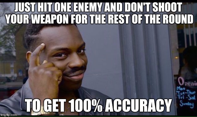Roll Safe Think About It Meme | JUST HIT ONE ENEMY AND DON'T SHOOT YOUR WEAPON FOR THE REST OF THE ROUND; TO GET 100% ACCURACY | image tagged in thinking black guy | made w/ Imgflip meme maker