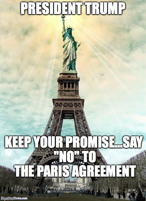 Statue of Liberty and Eiffel Tower | PRESIDENT TRUMP; KEEP YOUR PROMISE...SAY "NO" TO THE PARIS AGREEMENT | image tagged in statue of liberty and eiffel tower | made w/ Imgflip meme maker