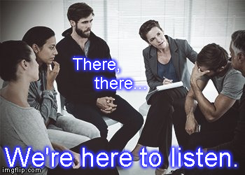 Group Therapy | There,          there... We're here to listen. | image tagged in group therapy | made w/ Imgflip meme maker