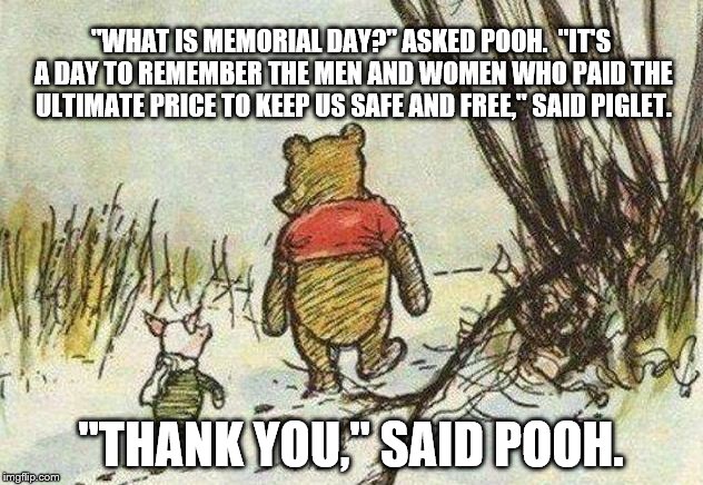 Pooh Piglet | "WHAT IS MEMORIAL DAY?" ASKED POOH.  "IT'S A DAY TO REMEMBER THE MEN AND WOMEN WHO PAID THE ULTIMATE PRICE TO KEEP US SAFE AND FREE," SAID PIGLET. "THANK YOU," SAID POOH. | image tagged in pooh piglet | made w/ Imgflip meme maker