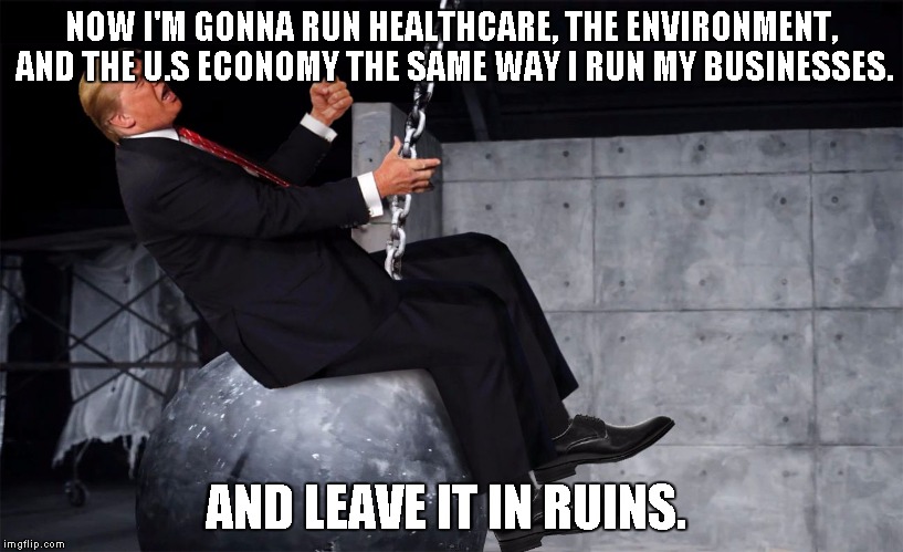 NOW I'M GONNA RUN HEALTHCARE, THE ENVIRONMENT, AND THE U.S ECONOMY THE SAME WAY I RUN MY BUSINESSES. AND LEAVE IT IN RUINS. | image tagged in donald trump wrecking ball | made w/ Imgflip meme maker