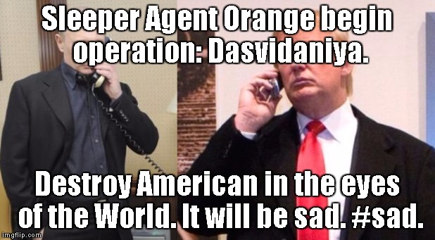 Trump Putin phone call | Sleeper Agent Orange begin operation: Dasvidaniya. Destroy American in the eyes of the World. It will be sad. #sad. | image tagged in trump putin phone call | made w/ Imgflip meme maker