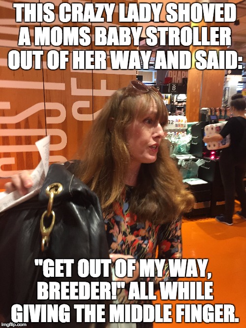 THIS CRAZY LADY SHOVED A MOMS BABY STROLLER OUT OF HER WAY AND SAID:; "GET OUT OF MY WAY, BREEDER!" ALL WHILE GIVING THE MIDDLE FINGER. | made w/ Imgflip meme maker