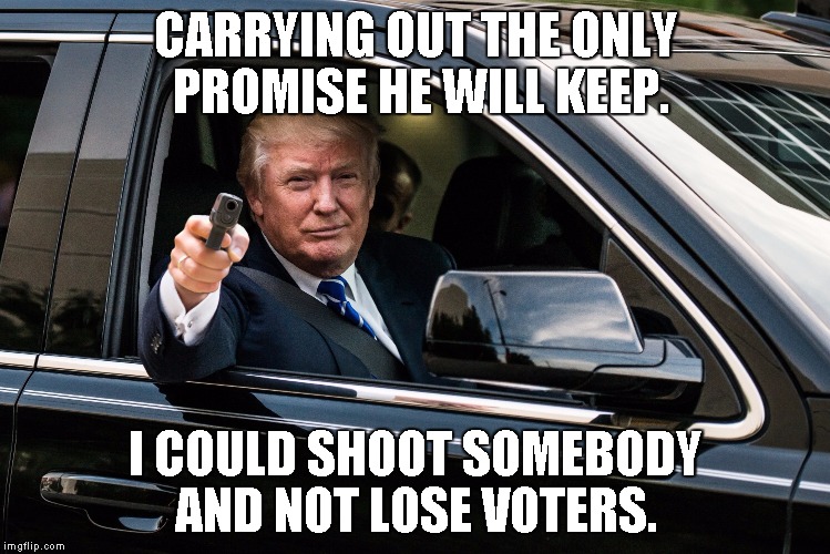 trump gun | CARRYING OUT THE ONLY PROMISE HE WILL KEEP. I COULD SHOOT SOMEBODY AND NOT LOSE VOTERS. | image tagged in trump gun | made w/ Imgflip meme maker
