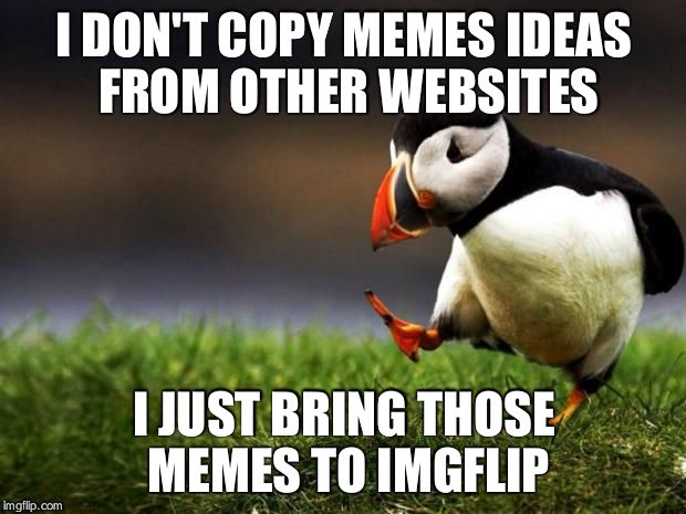 Unpopular Opinion Puffin | I DON'T COPY MEMES IDEAS FROM OTHER WEBSITES; I JUST BRING THOSE MEMES TO IMGFLIP | image tagged in memes,unpopular opinion puffin | made w/ Imgflip meme maker
