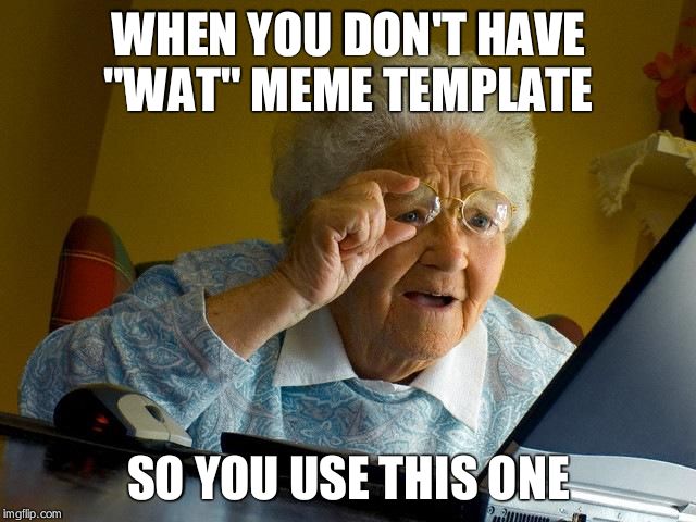 Grandma Finds The Internet Meme | WHEN YOU DON'T HAVE "WAT" MEME TEMPLATE; SO YOU USE THIS ONE | image tagged in memes,grandma finds the internet | made w/ Imgflip meme maker